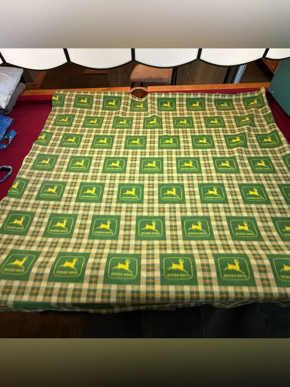 John Deere Logo FLEECE Plaid Green Yellow Blanket Country Style 62”X 59 raw Edge